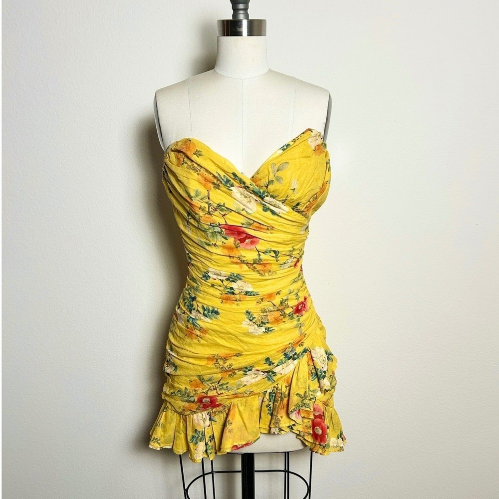 Lovers + Friends Casey Dress Spring Blossom Yellow Floral Strapless Ruffle Mini